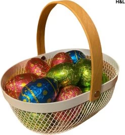 Merkloos Paasmand Gevuld Met Chocolade Verstop Eieren - Chocolade Paasei - Metalen Mand - Pasen - Eieren - Wit - Geel - Zwart - Houten Handvat