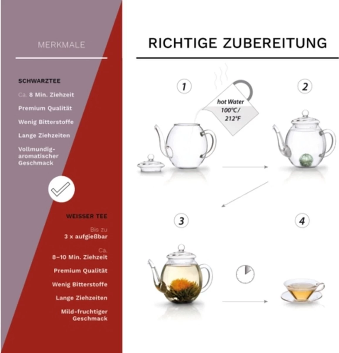 Creano Theebloemen Geschenkset Kadoverpakking Theebloemen En Glazen Theekan - Witte Theebloemen En Zwarte Theebloemen (6 Stuks) - Afbeelding 4