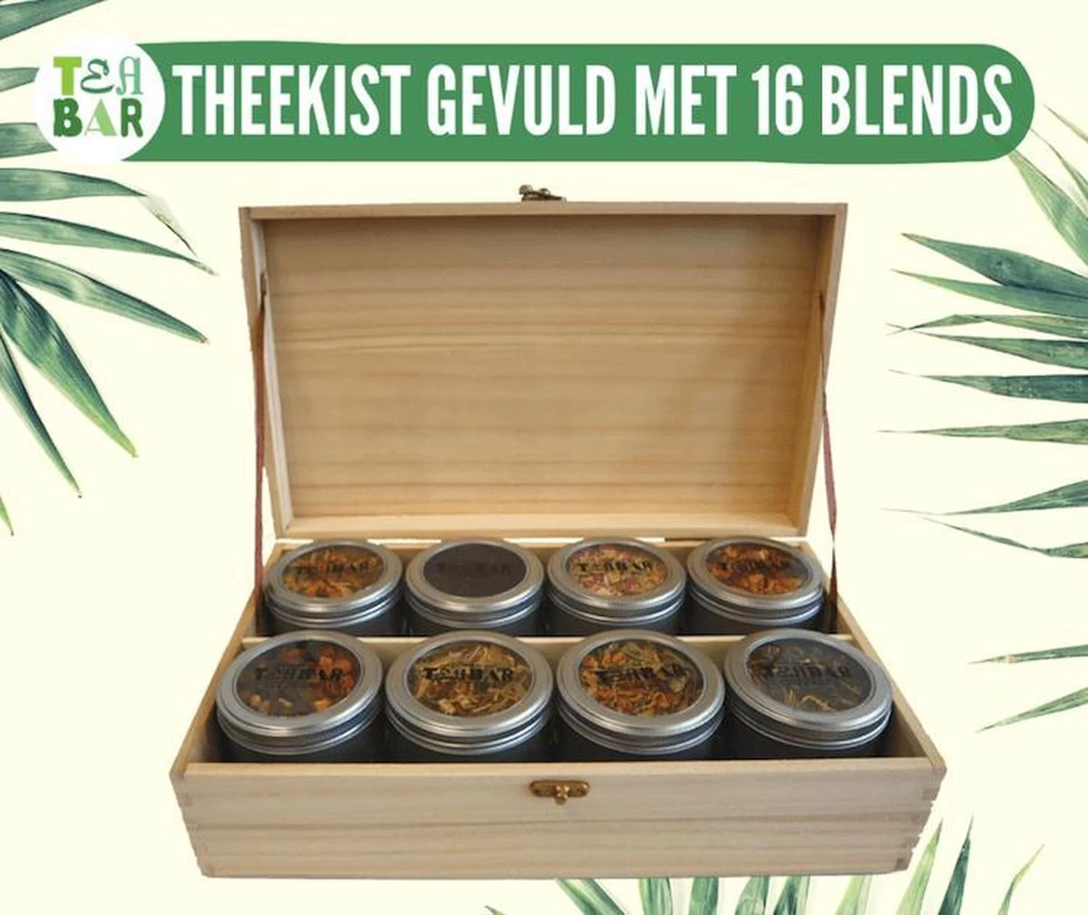 Houten Theekist Gevulde Theedoos Met 16 Blikjes Tea Bar Thee Theecadeau - Losse Thee G - 50 Koppen Per 100 Gram - Afbeelding 3