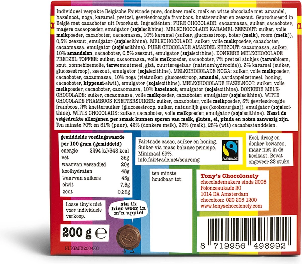 Tony's Chocolonely Tiny's Kadoosje Mix Chocolade Cadeau - 22 Mini Uitdeel Chocolaatjes - 200 Gram - Belgische Fairtrade Chocolade - Afbeelding 6