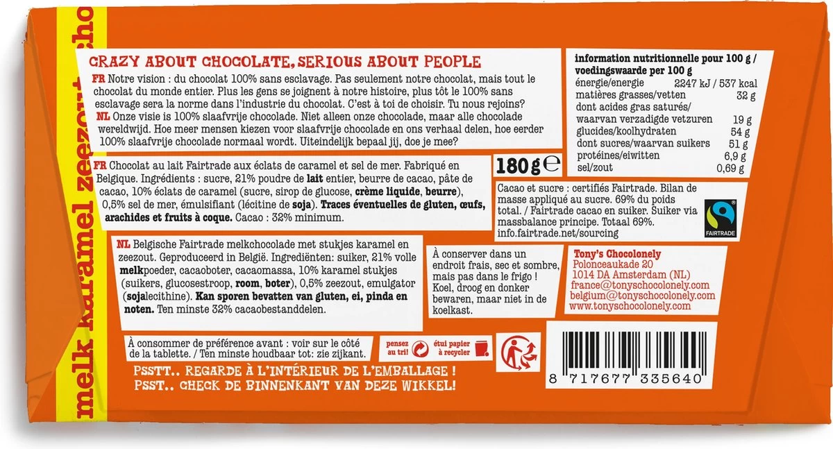 Tony's Chocolonely Chocolade Reep Melk Karamel Zeezout - Melkchocolade Reep - 180 Gram - Afbeelding 2