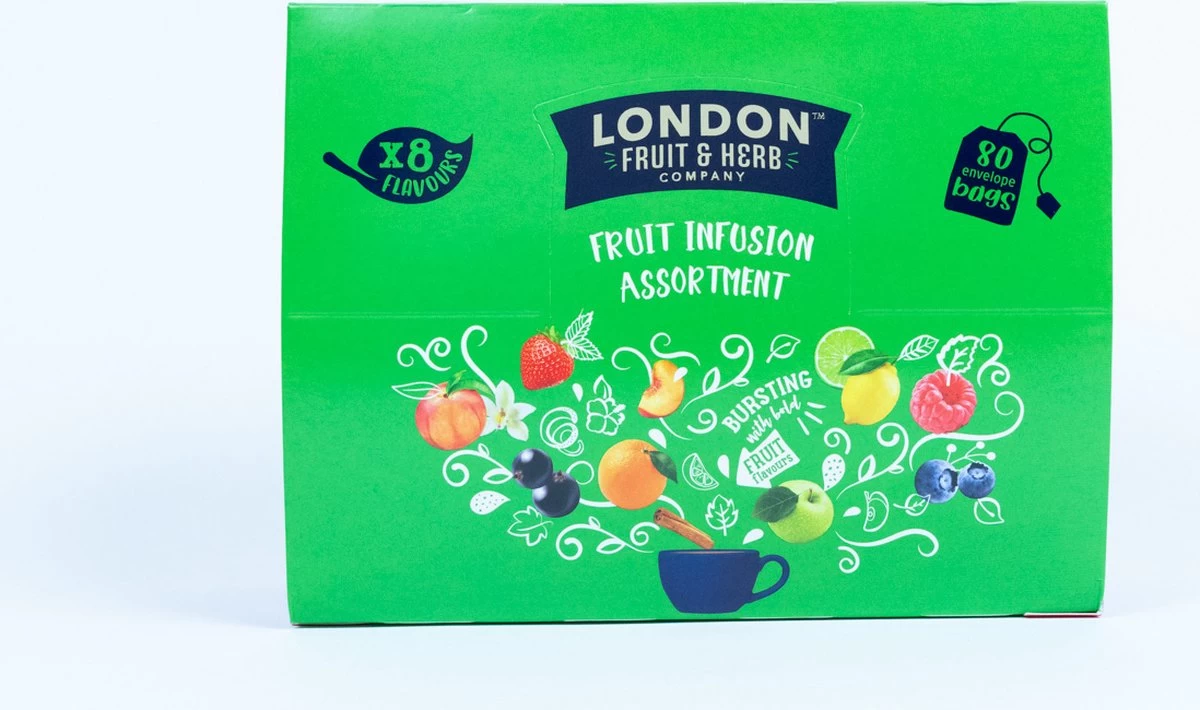 London Fruit & Herb Thee Assortiment – 80 Zakjes Thee, 10 Builtjes Met 8 Verschillende Smaken – Ideaal Cadeau Voor De Thee Liefhebber - Afbeelding 2