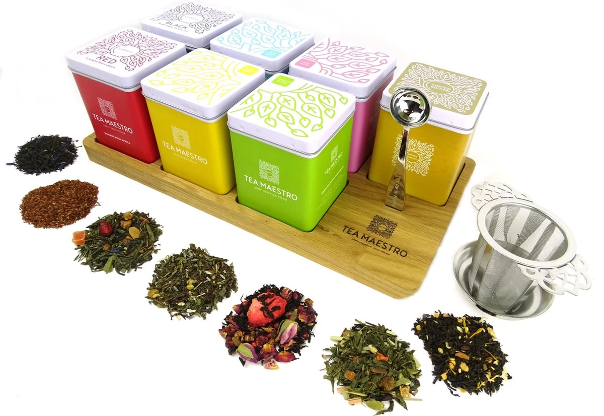 Dutch Tea Maestro - DUTCH TEA MAESTRO - Thee Cadeau - Thee Geschenk - Thee Pakket - Theeplank 7 Blikjes Losse Thee Cadeau