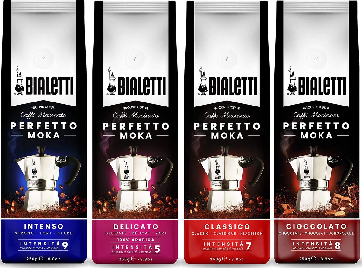 Bialetti Perfetto Moka Gemalen Koffie Proefpakket - 4 X 250 Gram - Classico, Intenso, Delicato En Cioccolato