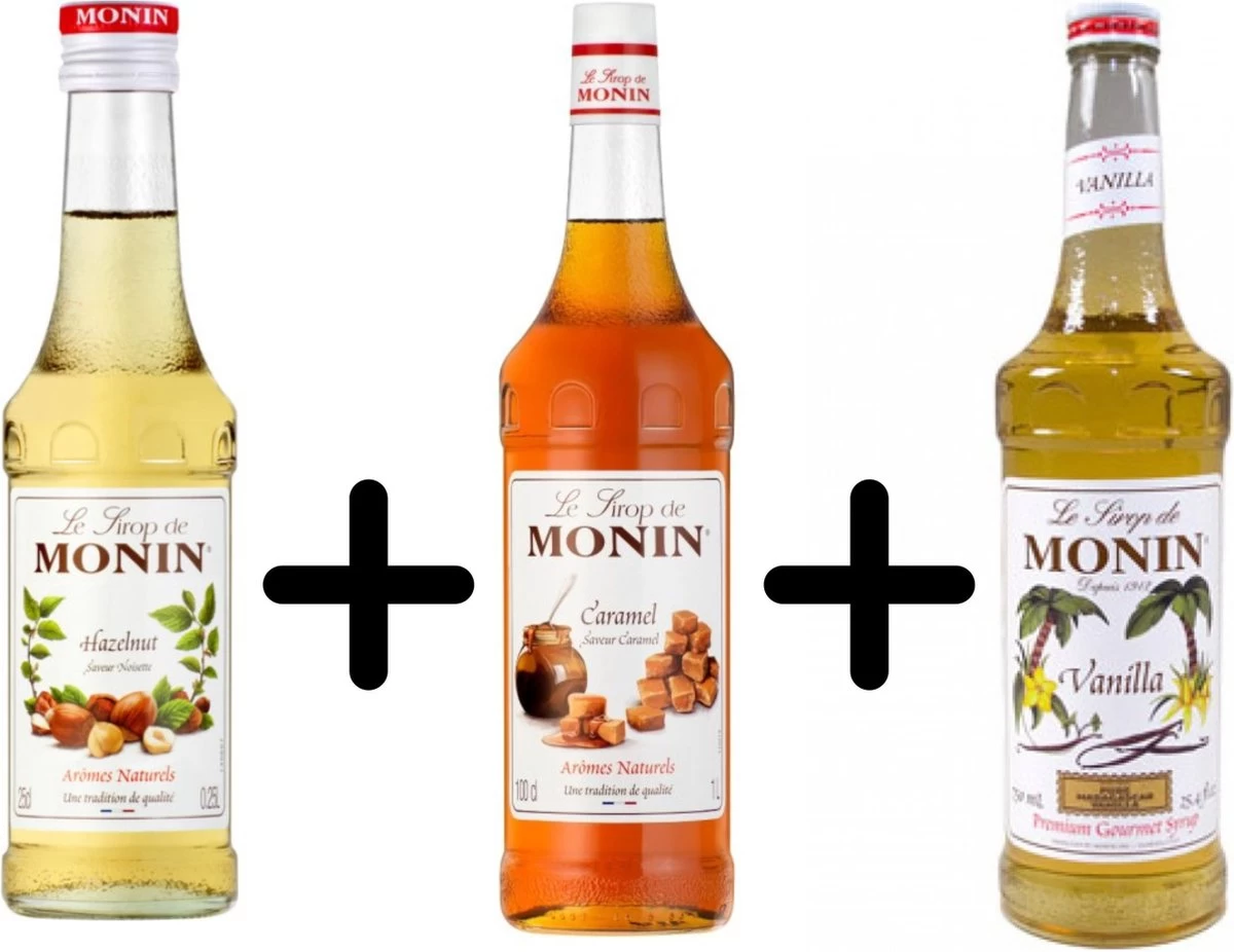 Monin Koffiesiroop VOORDEELPACK Vanille 25cl + Hazelnut 25cl + Caramel 25cl Set 3 Flessen
