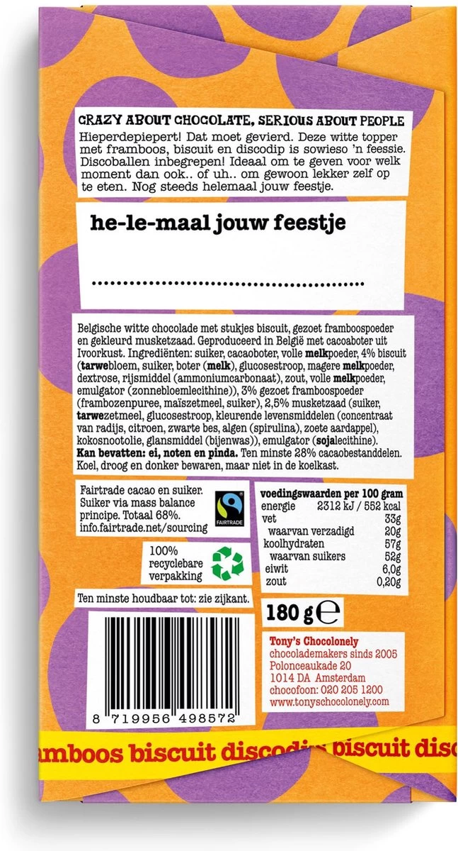 Tony's Chocolonely Witte Chocolade Framboos Biscuit Discodip Chocoladereep - Gefeliciteerd T Is Feest! - Chocolade Cadeau Verjaardag - Belgische Fairtrade Chocolade - 1 X 180 Gram - Afbeelding 9