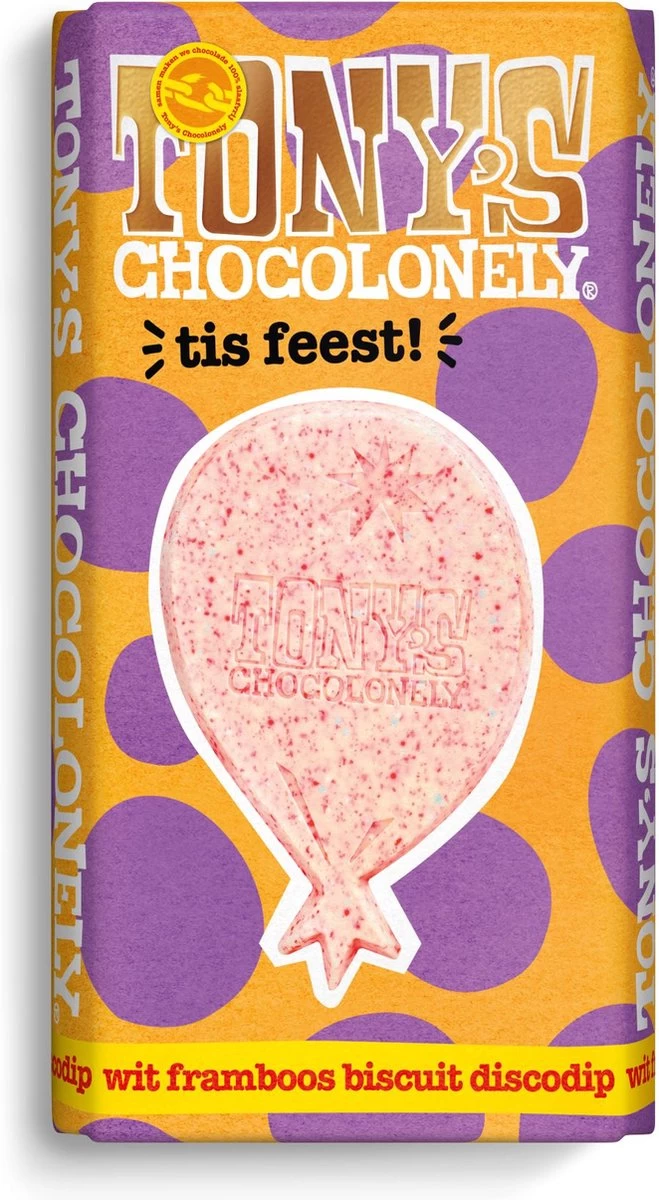Tony's Chocolonely Witte Chocolade Framboos Biscuit Discodip Chocoladereep - Gefeliciteerd T Is Feest! - Chocolade Cadeau Verjaardag - Belgische Fairtrade Chocolade - 1 X 180 Gram - Afbeelding 2