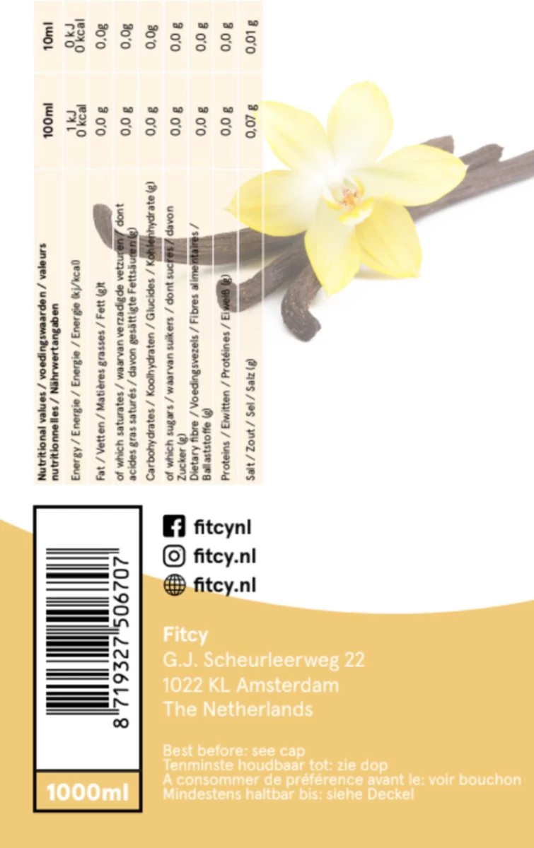 Fitcy | Koffiesiroop | Vanille | Barista Syrup | Zero | Vegan | Vetvrij | Suikervrij | Keto-vriendelijk | Koffie | Siroop | 1L - Afbeelding 2
