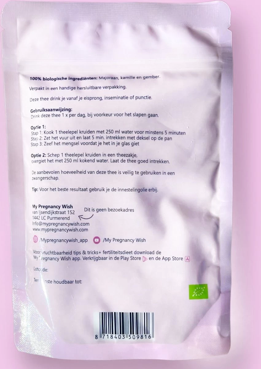 Biologische Innesteling Thee, Zwanger Worden, Innesteling Bevorderen, Innesteling Stimuleren, Vruchtbaarheid Verbeteren, Fertiliteit, IVF, ICSI, IUI, Ontspannen Baarmoeder, Warmte, Bloedcirculatie, Hormoonbalans - Afbeelding 2
